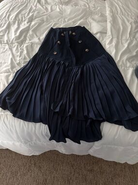 Anthropologie Navy Pleated High-Low Skirt with Button Front